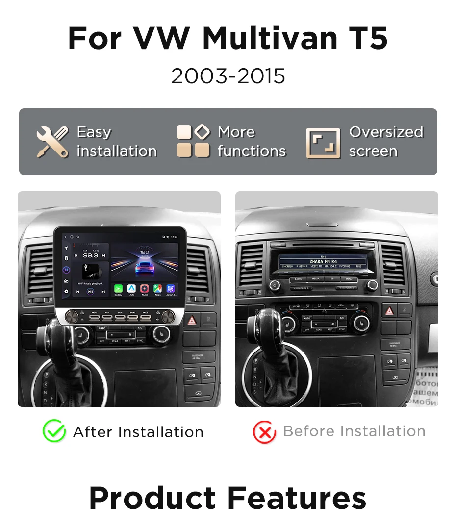 10,1" Autoradio für VW Multivan T5 2003-2015, kabelloses CarPlay, Android Auto, Head Unit, IPS-Touchscreen mit physischen Tasten, DSP, GPS-Navigation, RDS, BT, SWC, Plug-and-Play, 2DIN-Multimedia-Player mit zwei physischen Drehreglern. – Detail 6