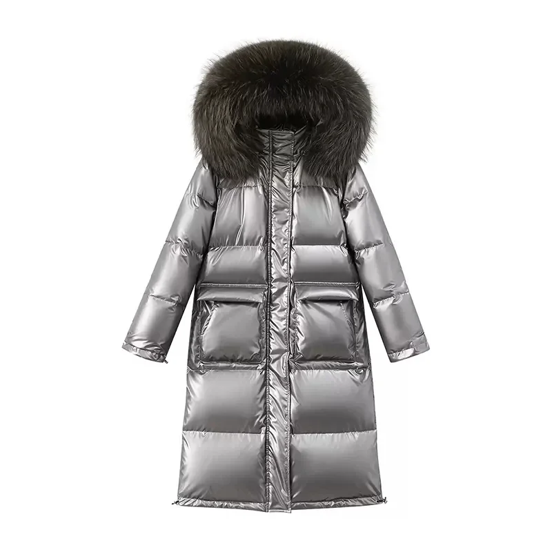 Brand Luxury Big Fox fur collar Glossy Down Jacket Women 2024 Winter New Female White duck down Coat Warm Hooded Parkas Overcoat