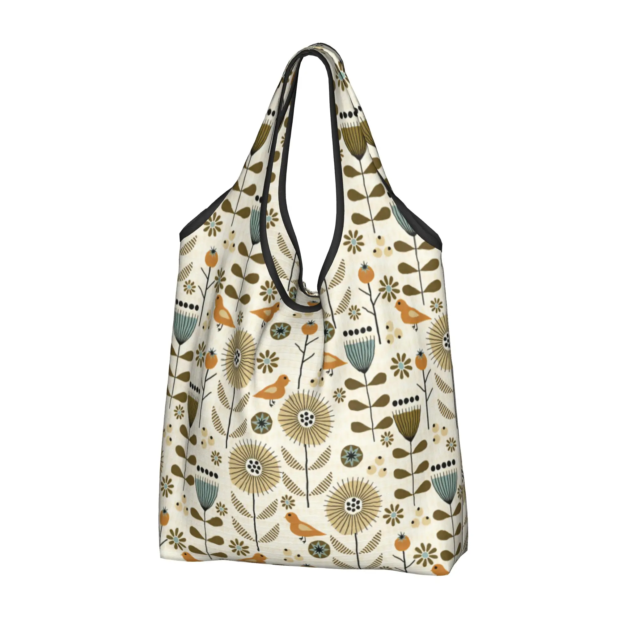 Custom Bird Calm Scandi Meadow Autumn Shopping Bag Women Portable Large Capacity Groceries  Tote Shopper Bags