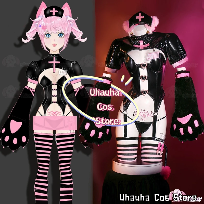 Gothic Nurse Outfit Cosplay Costumes Sexy Lingerie Top+Leather Miniskirt With Furry Paws &Thigh Socks For Anime/Halloween Show