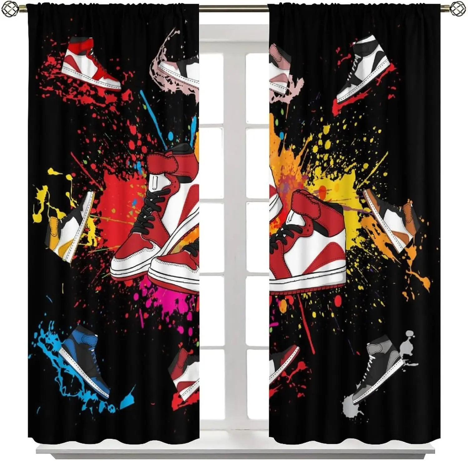 Graffiti Sneaker Sports Curtains, Colorful Aesthetic Shoe Print Window Drapes, Cool TeenBoys Room Decor, for Bedroom Living Room