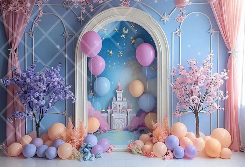 Mehofond Photography Background Fairytale Castle Flowers Balloon Girls Birthday Cake Smash Portrait Decor Backdrop Photo Studio