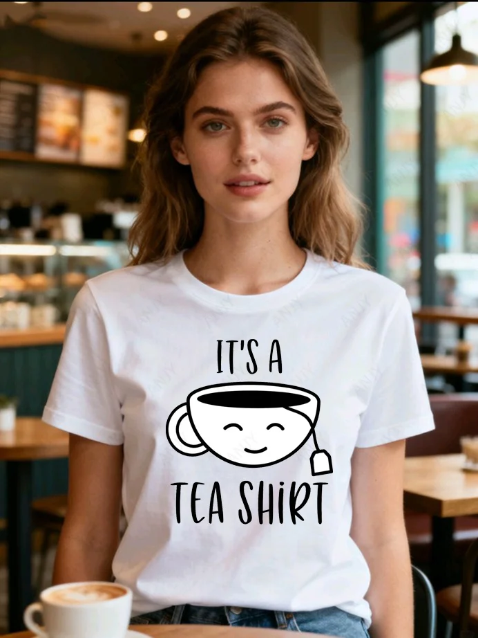 Healing Style Tea Cup Printed T-shirt with Gentle Greeting Pattern of 