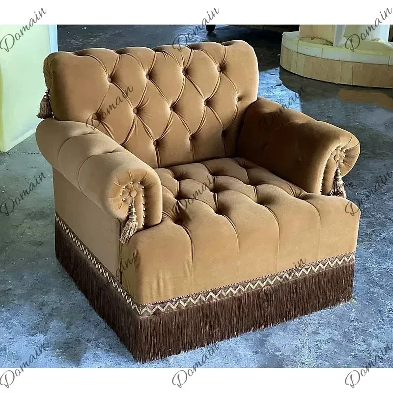 B80 Velvet Sofa Designer Brown Coffee Fringe Tufted Single Chair Photography Home Decor