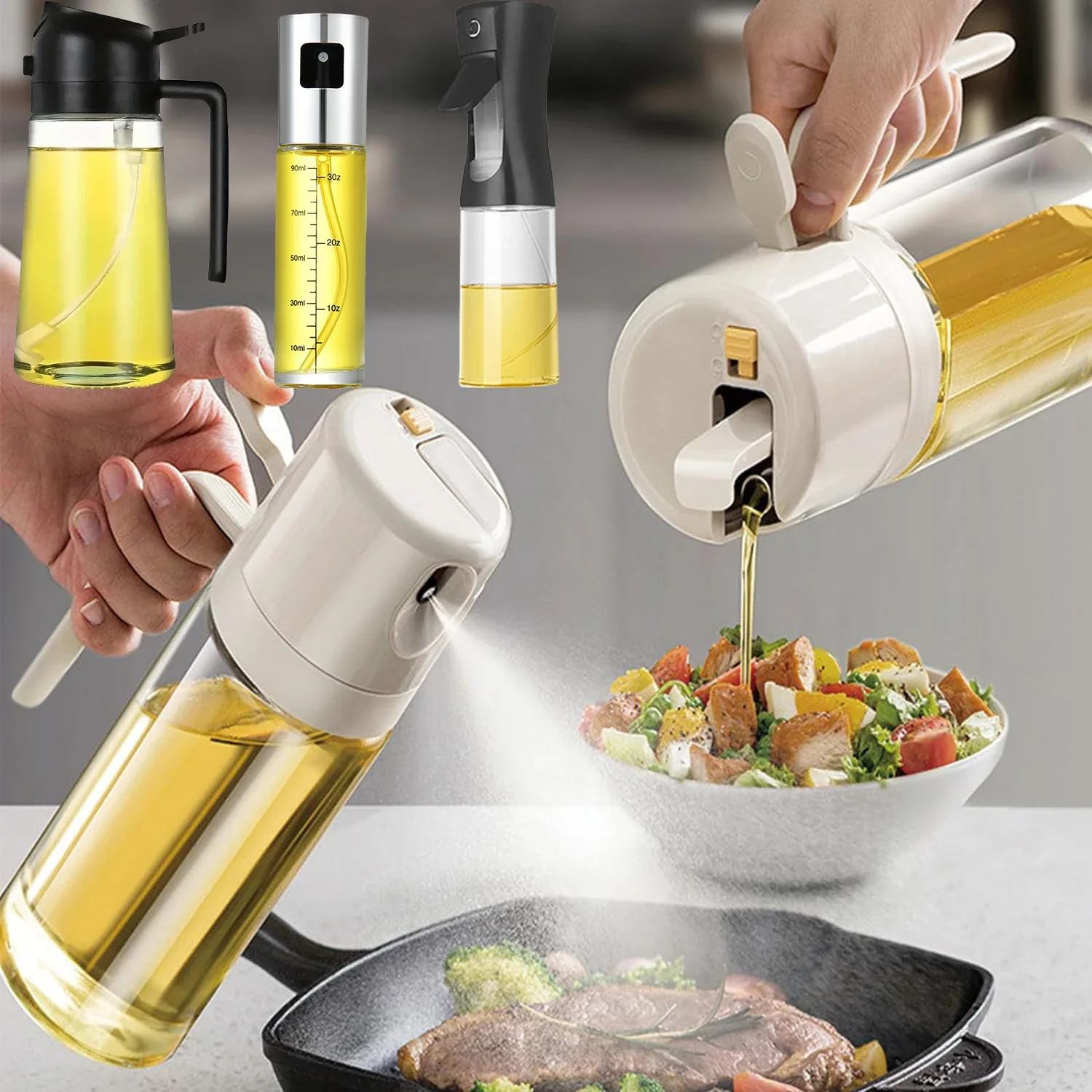 Küchenöl-Sprühflasche mit doppeltem Verwendungszweck zum Kochen und Luftfritteuse, zerstäubtes Olivenöl-Spray, Grill, Haushaltsspray, Gießen-Flasche