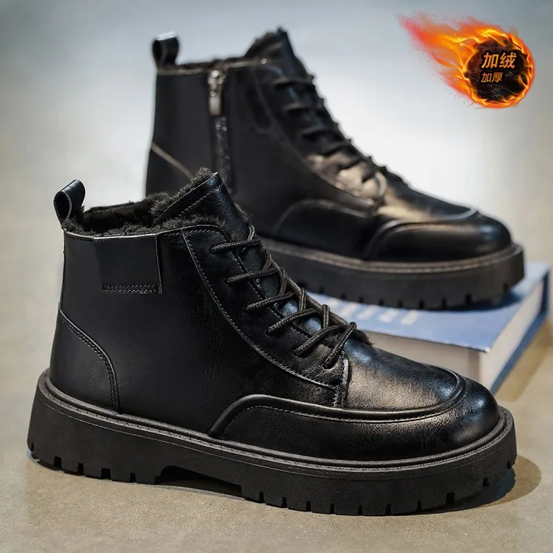Winter High Top Warm Men's Leather Boots Black Velvet Anti Slip  Ankle Boots Thick Soled Wear-resistant Short Boots