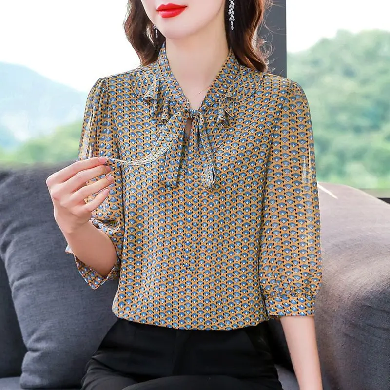 Spring Autumn Women's Pullover Scarf Collar Geometric Printed Ruffles Chiffon Three Quarter Shirt Loose Office Lady Casual Tops