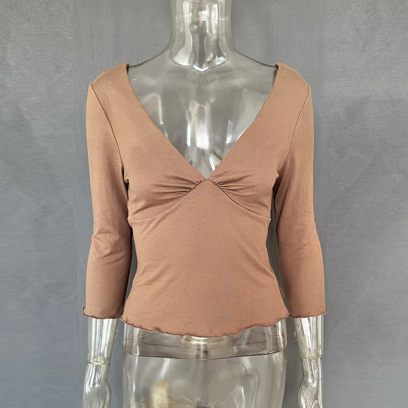 Sexy V-hals T-shirts Dames Tops Zomer Lange Mouw Spleet Effen Pullover Slim-Fit Chic High-Street 2026 Vrouwelijke Shirts Tee Tops