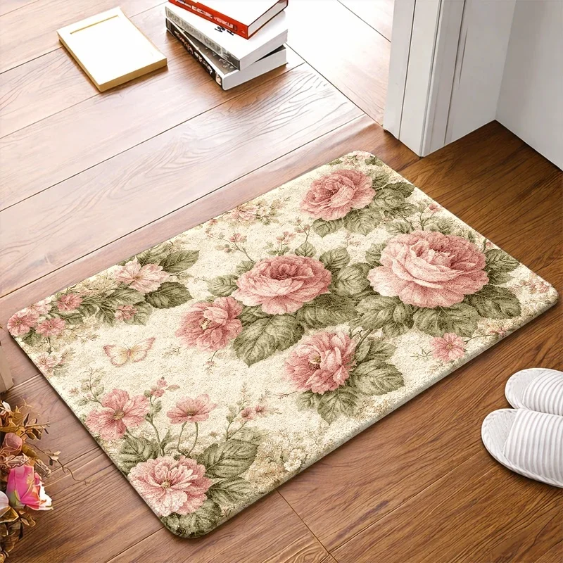 1pc, 2pcs, 3pcs Vintage Rose Printed Flannel Doormat, Durable & Stain - Resistant, Machine - Washable. Suitable for Bedroom, Living Room, Bathroom, Kitchen