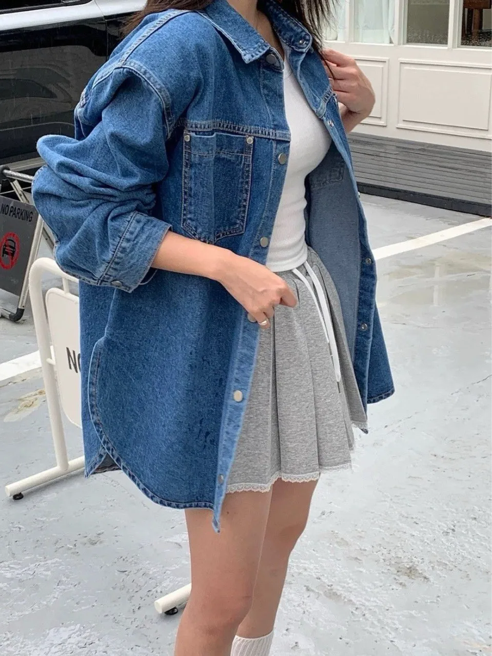 

Waed Denim Jaet Women's Loose Fit Collar Double ket Slimming Lazy Sle Versatile Side Slit Casual Cotton Coat