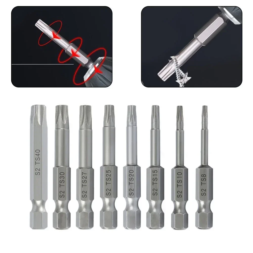 8Pcs 50mm Magnetic Screwdriver Bit Set 1/4 Hex Shank Five-Point Torx Screwdriver Bits T8/T10/T15/T20/T25/T27/T30/T40 Screw Drive