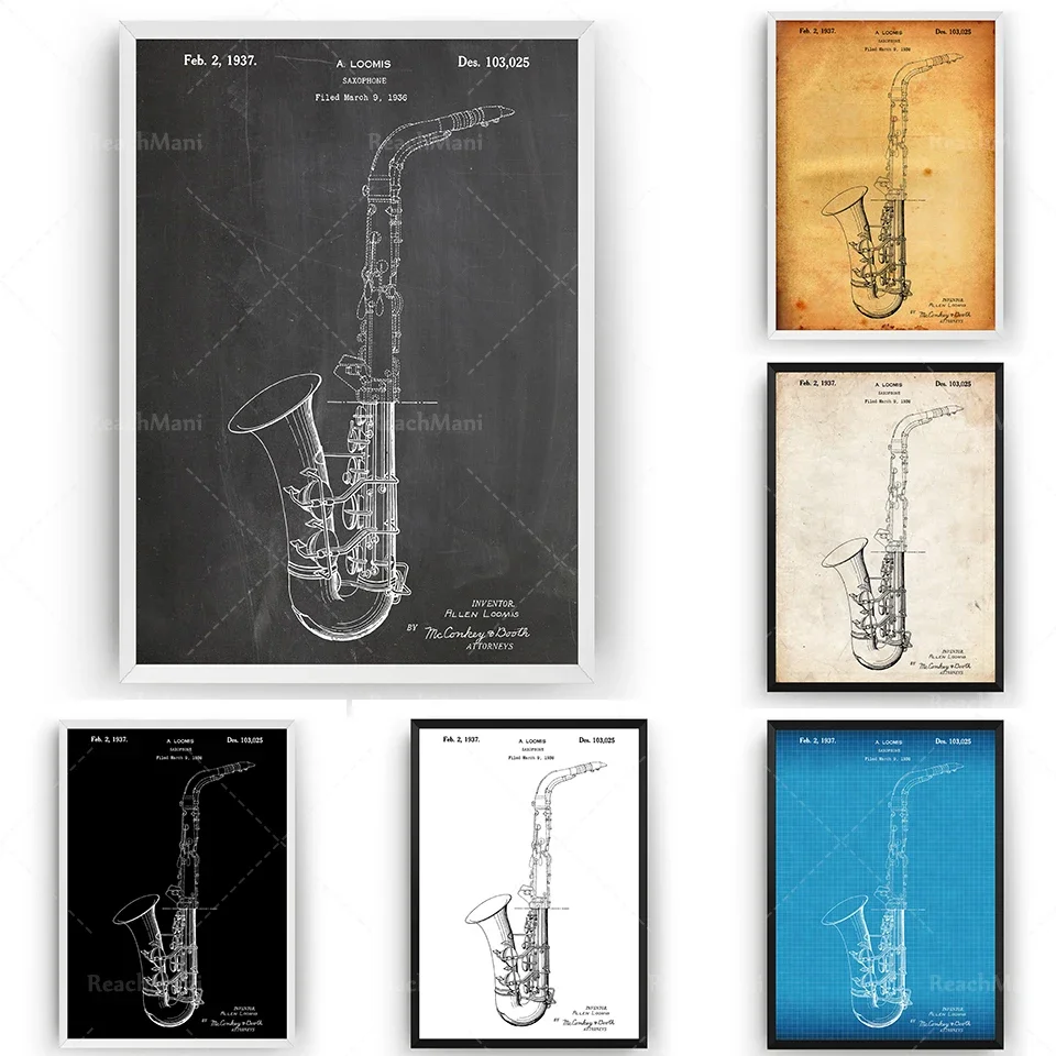 Saxophone 1936 Patent Printed Wall Art Poster Brass Musician Blueprint Gift