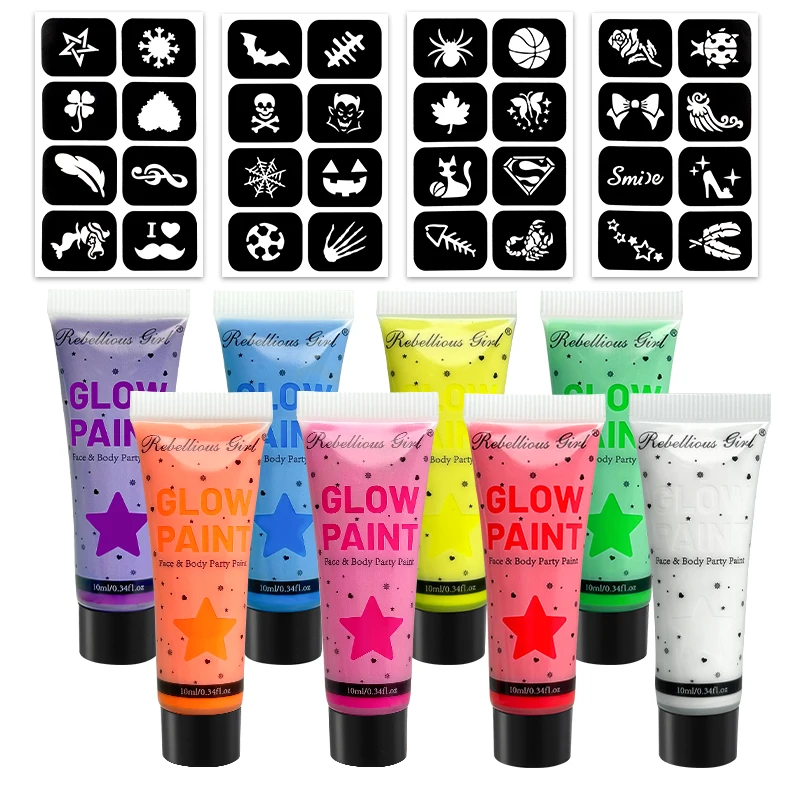 10ml 8色UVブラックライトフェイスペイント、タトゥーステッカー付き、蛍光ネオンボディペイント、洗えるクイック、マルディグラハロウィン