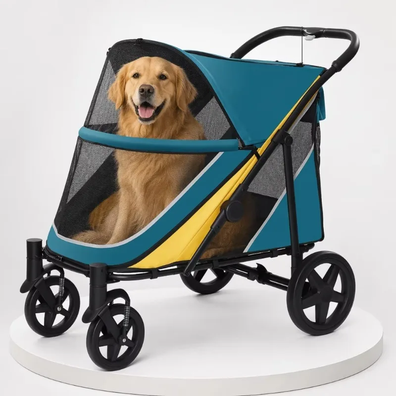 Large Dog Stroller 60KG Heavy Duty One-Hand Fold Low Chassis Shock Absorb Swivel Wheel