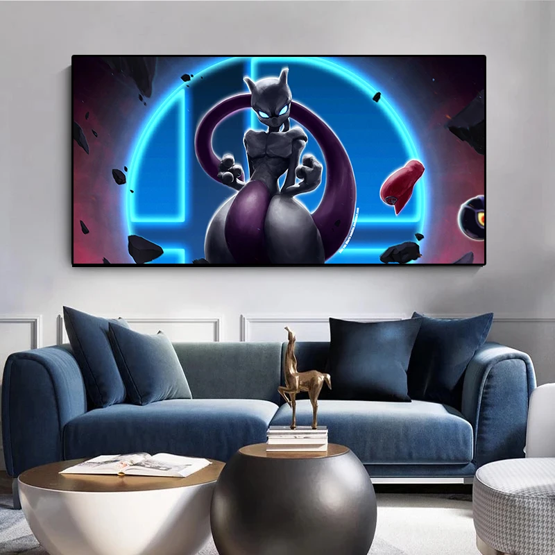 Póster de Pokemon Mewtwo, arte de pared de dibujos animados, pintura en lienzo, impresiones de figuras de Anime, decoración del hogar para sala de estar de alta calidad, Cuadros murales