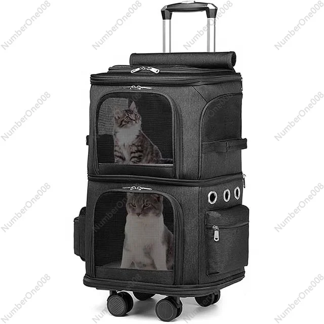 Double Grid Pet Push-pull Backpack, Double Cat Wheeled Travel Bag