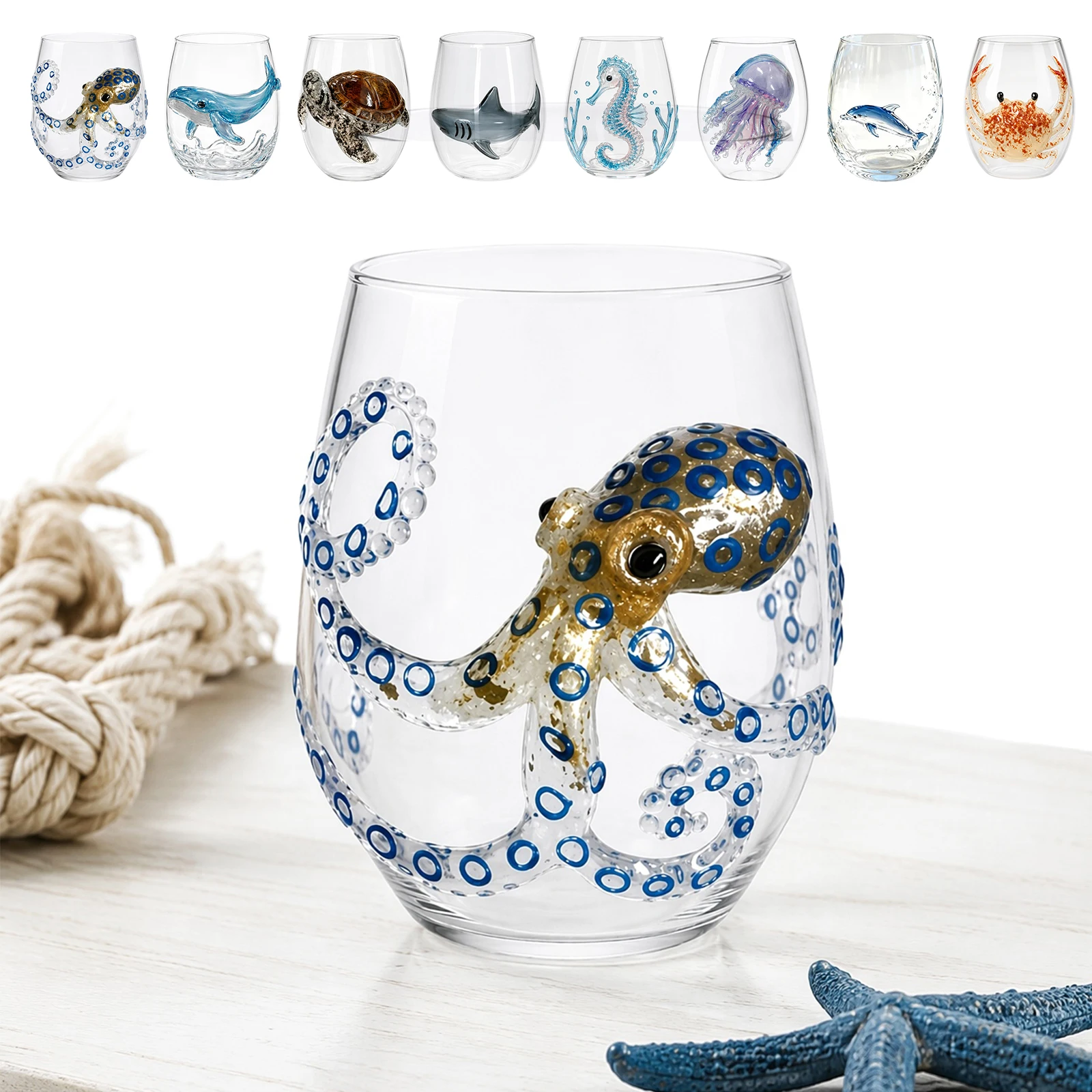 Blue Ring Handmade Glass Stemless Wine Cup 3D Sculpted Ocean Marine for Life Bar Drinkware Coastal Gift