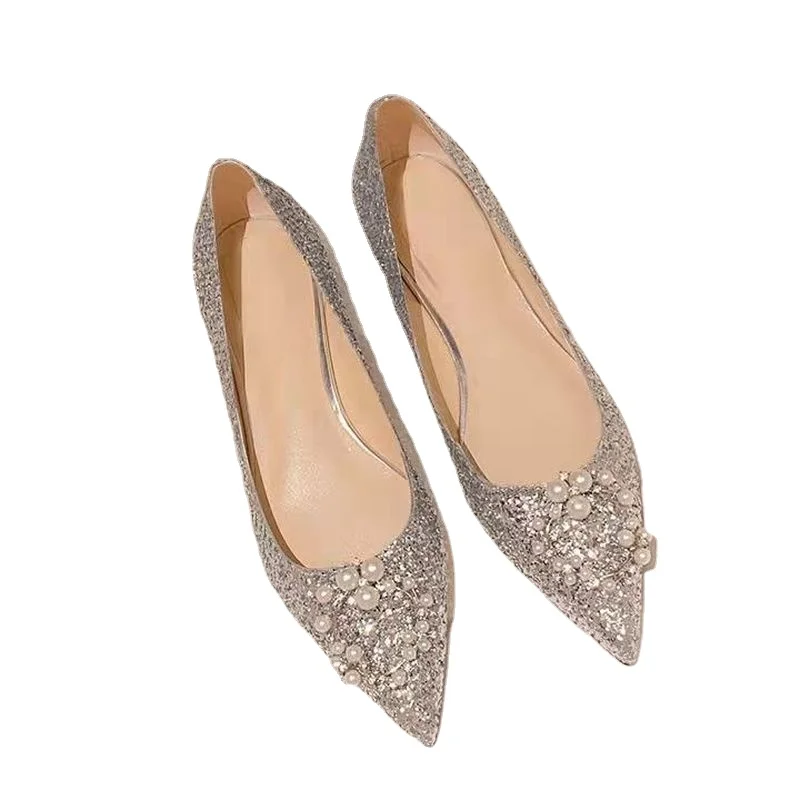 Pearls Wedding Shoes Woman Luxury Gold/silver Glitter Flats 33-44 Big Size Bride Shoes Pointed Toe Chaussure Femme Premium Shoes