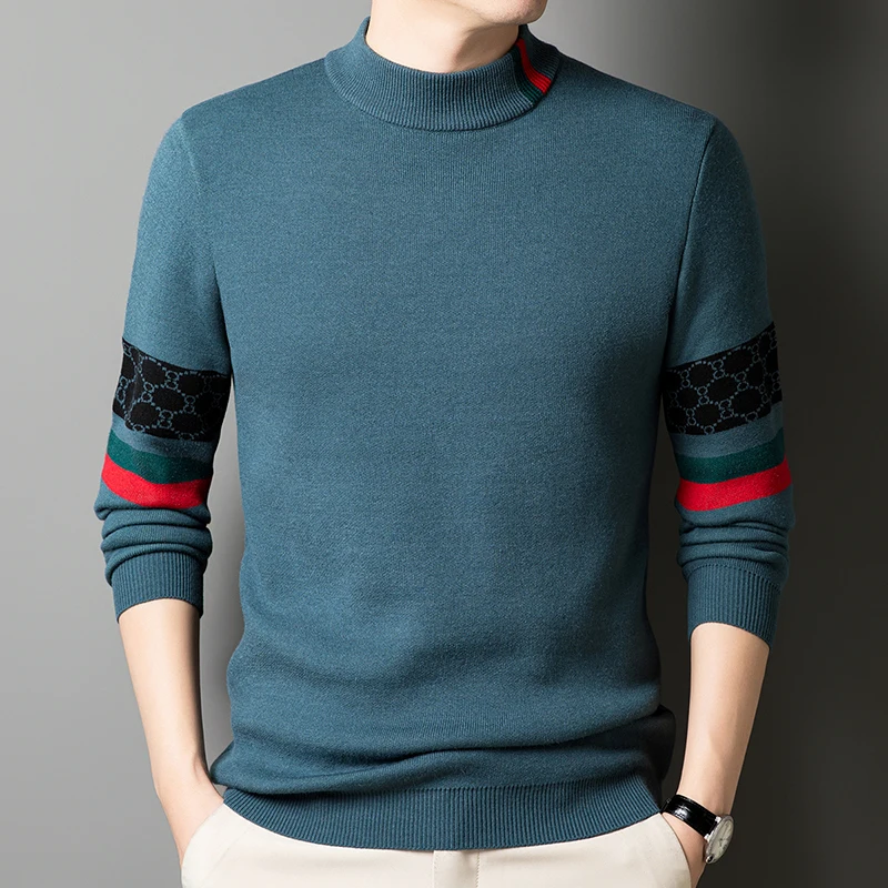 Suéter de manga larga para hombre, cuello semialto, otoño e invierno, con base estampada de moda, lujo ligero y de moda