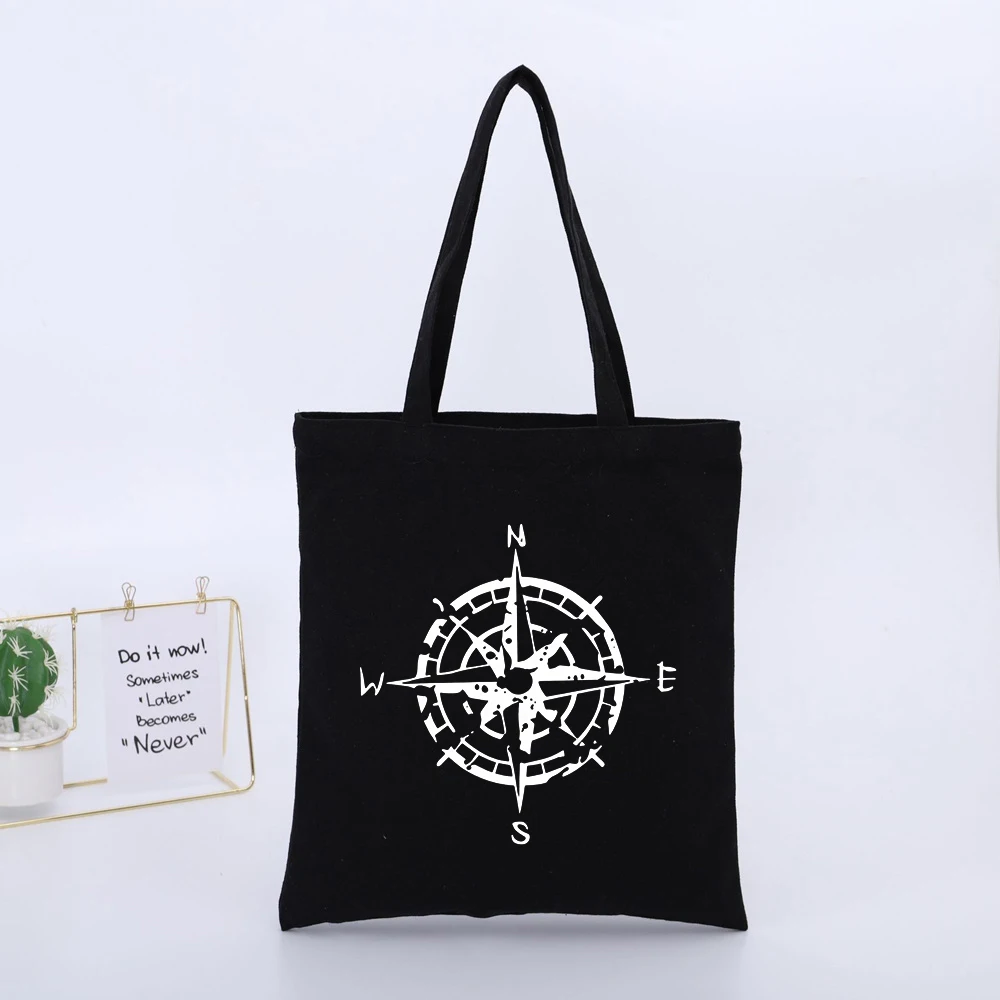 Compass Graphic Canvas Tote Bag, Vintage Style for Daily Shopping and Casual Outings