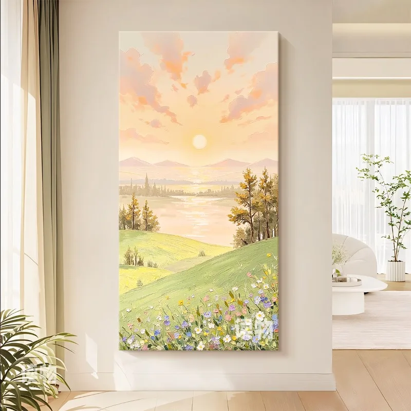 

Green mountain landscape texture pure hand-painted sunrise Oriental decorative entrance