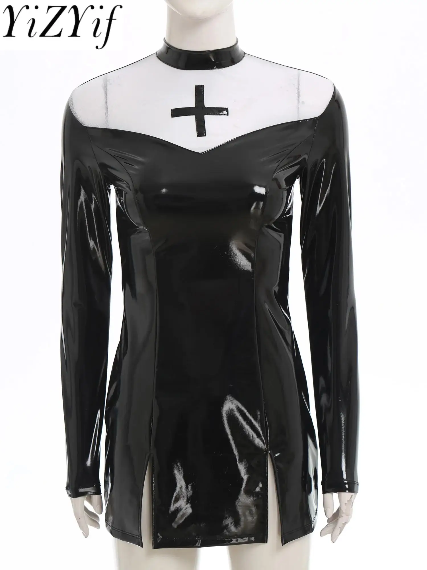 Women Patent Leather Nun Sister Cosplay Dress Long Sleeve Slit Hem Shiny Slim Fit Micro Dress for Halloween Carnival Party Dress