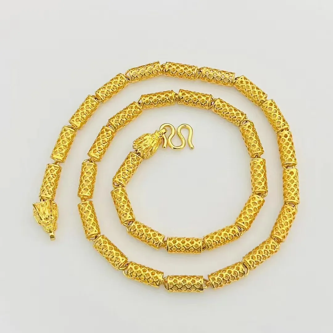 Luxury 24K 9999 Pure Gold real gold Men's Cylindrical Hollow Fish Mesh Faucet Necklace