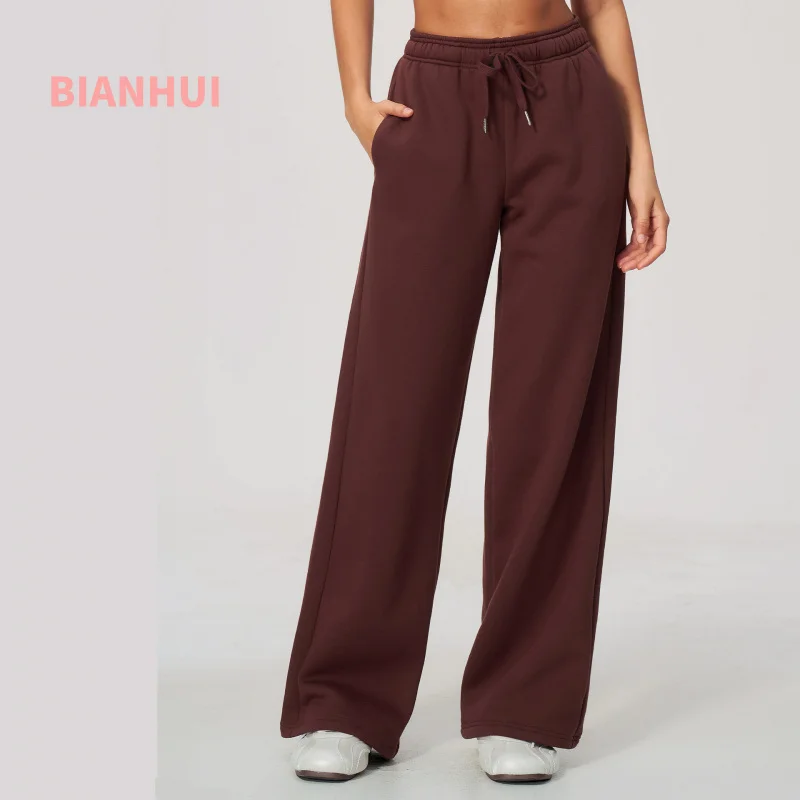 Women Warm Brushed Wide Leg Athletic Pants High Waist Drawstring Loose Slim Casual Sweatpants Comfort Trousers With Pocket