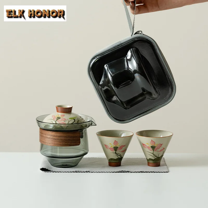 

Дорожный чайный сервиз из ручной росписи лотоса, старинный 1 горшок, 2 чашки, органайзер для чайника, портативная сумка-тоут для кемпинга, аксессуары, подарок