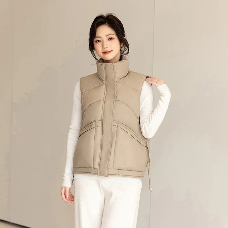 Stand Collar Padded Vest Women Warm Winter Sleeveless Outerwear Side Drawstring Zip Pocket Loose Korean Style Quilted Gilet New