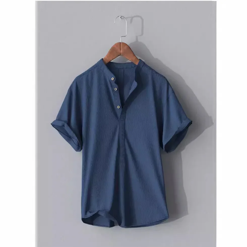 Men Spring Summer Shirt Solid Color Short Sleeves V Neck Button Casual Fashion Comfortable Regular Standard Shirt Daily Fit Top