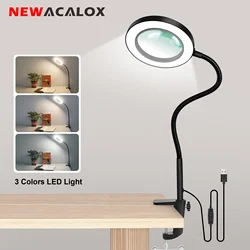 Clip-on Table Clamp USB 5X Magnifier 3 Color Modes Lamp Desk Lamp Flexible Gooseneck Magnifying Glass Light for Soldering Work