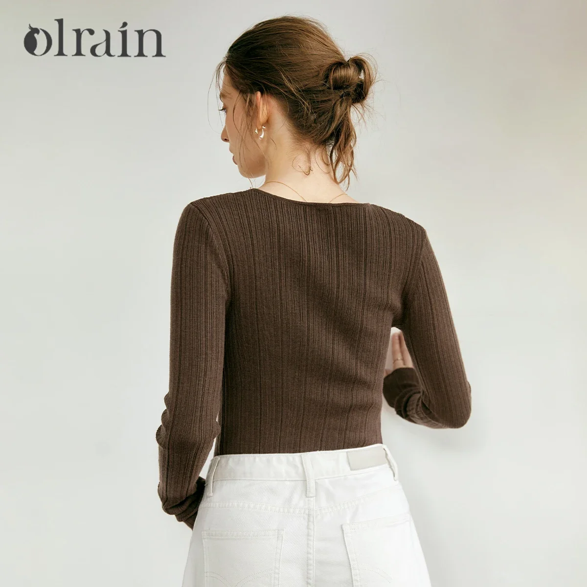 OLrain Women's Knitted Sweater 2026 Pullovers Knit T-shirts French Coffee Crew Neck Basics Slim Fit Long Sleeve Top M56QZ92898