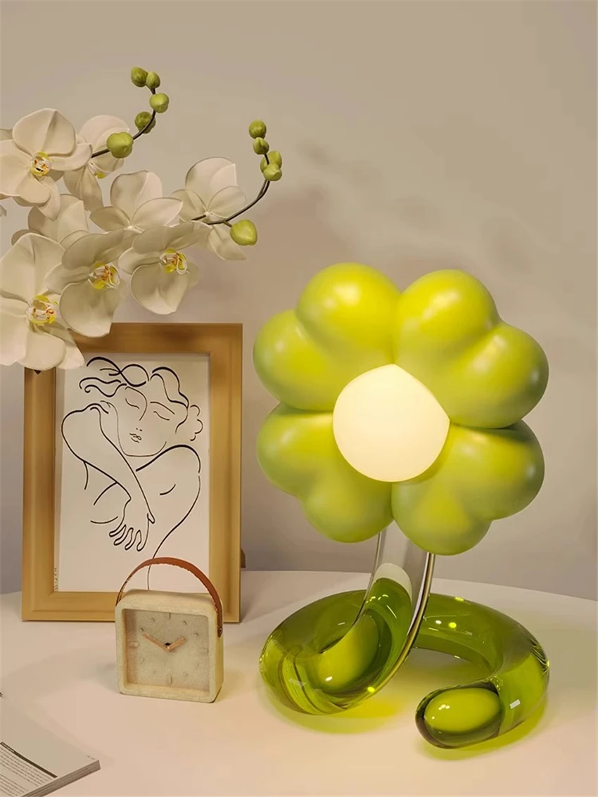 Nordic Colorful Flowers Acrylic Glass Table Lamp Children's Room Girl Bedroom Bedside Study Living Room Ornament Cute Gift Light