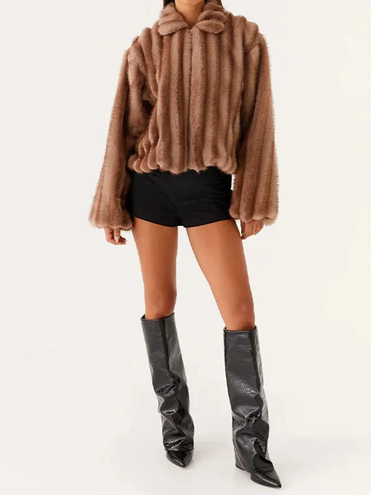 

Elegant Soft Faux Fur Coat For Winter Casual Long Sleeve Solid Color Loose Short Jackets Women Fashion Street Zipper Outercoats
