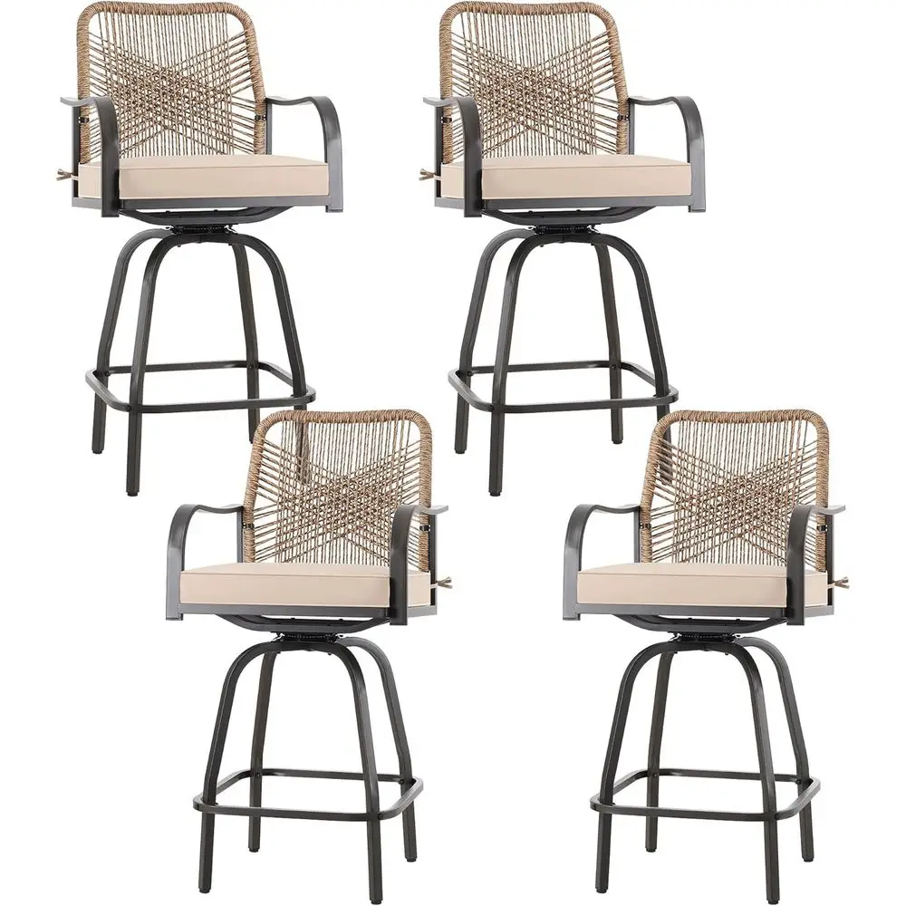 

4-Piece Outdoor Swivel Bar Stools Set with Rattan, Steel Frame, and Cushions for Patio, Garden, Balcony, and Backyard (Rattan Br