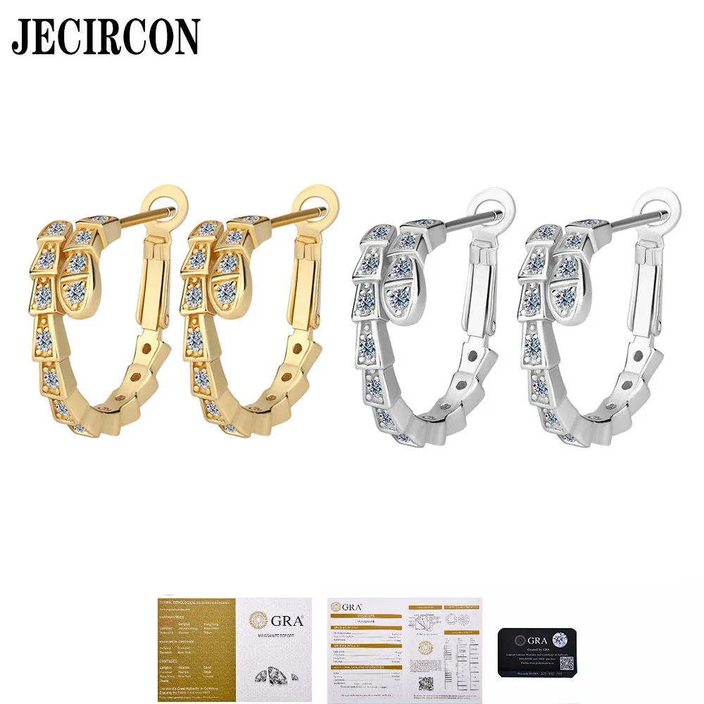 

JECIRCON S925 Sterling Silver Full Moissanite Snake-shaped Hoop Earrings Light Luxury Fashion High-end Ear Buttons Fine Jewelry