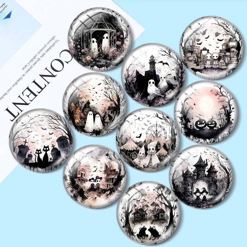Haunted Halloween Clipart 12/18/20/25mm glass cabochon  bracelet pendant rings for jewelry demo earrings back Making findings