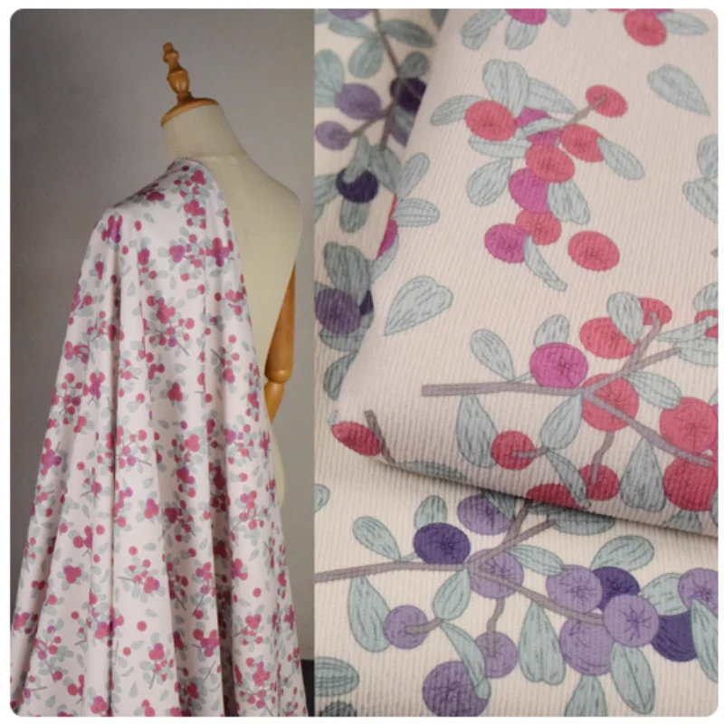 

Pastoral Little Fresh Red Purple Berry Print Corduroy Fabric For Autumn Winter Dress Shirt Coat Face Shoe Surface Cloth, T2387