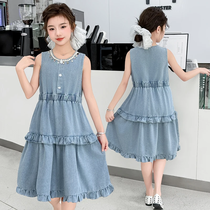 Bohemian Style Children Long Denim Ruffles Dress for Teens Girl Casual Vacation Summer Beach Dresses with Flounces Kids Clothes