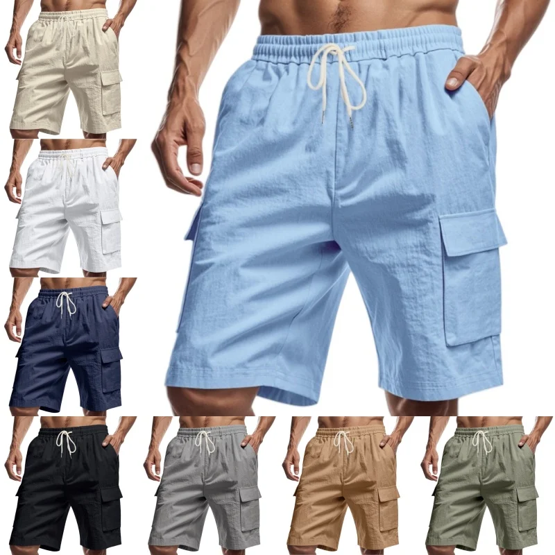 

New Summer Pure Color Belted Men's Sport Shorts Comfortable Simple Five-Quarter Casual Pants Multiple Pockets Leisure Trousers