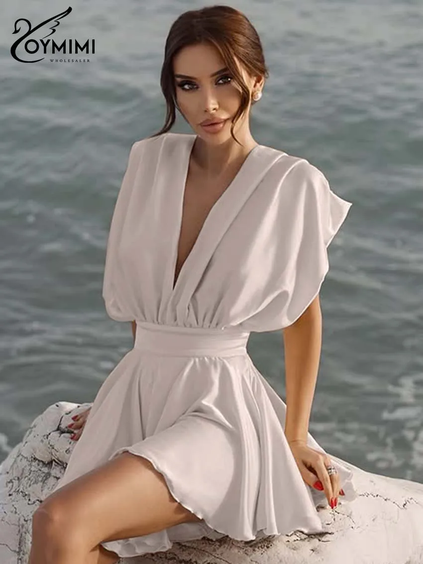

Oymimi Casual Apricot Satin Woman Dresses Fashion Deep V-Neck Sleeveless Dresses Summer New Open Neck Lace-Up Pleated Mini Dress