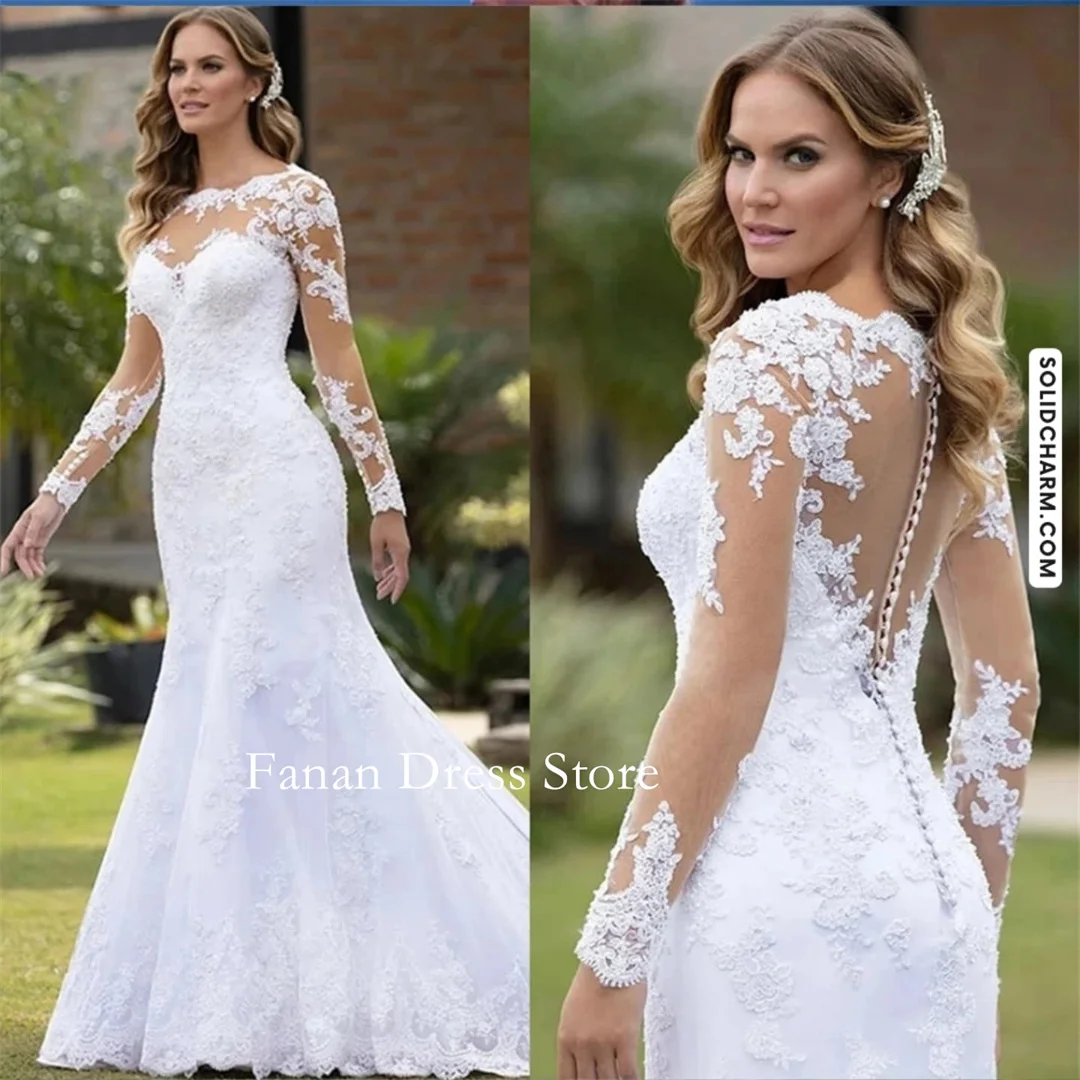 

Fanan Lace Appliques Mermaid Wedding Gown Customized Mermaid Sweep Train Lace Ruched Ivory Bridal Party Gown Vestidos De Novia