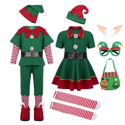 Boys Girls New Christmas Santa Claus Costume Green Elf Cosplay Family Carnival Party Halloween Fancy Dress Clothes Set