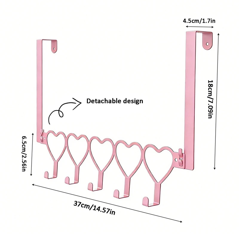 1pc Pink Heart Over The Door Hooks Hanger Wall Mount Towel Hanger Door Holder Organizer 5 Hooks Detachable Iron Bow Hooks view 3