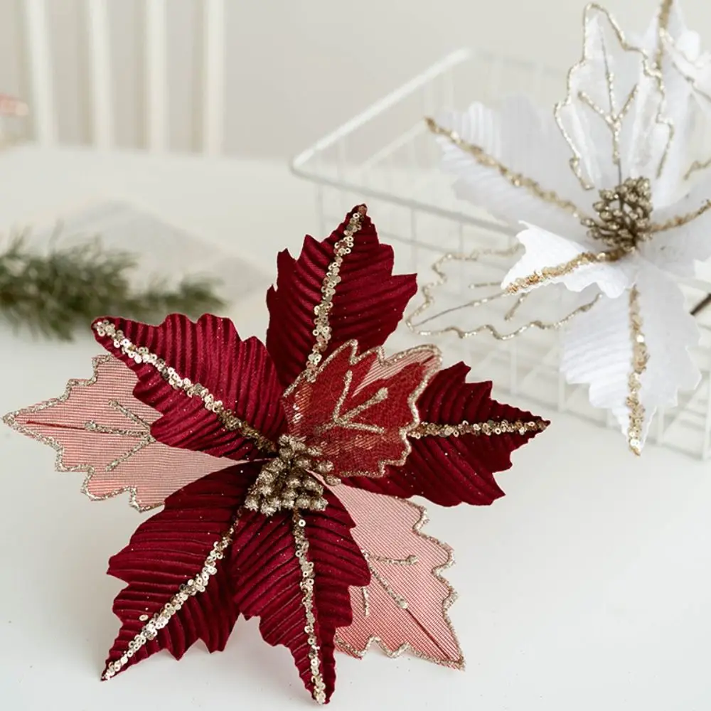 25cm Glitter Christmas Poinsettia Flower Xmas Tree Hanging Realistic Flower Merry Christmas Decoration For Navidad Noel