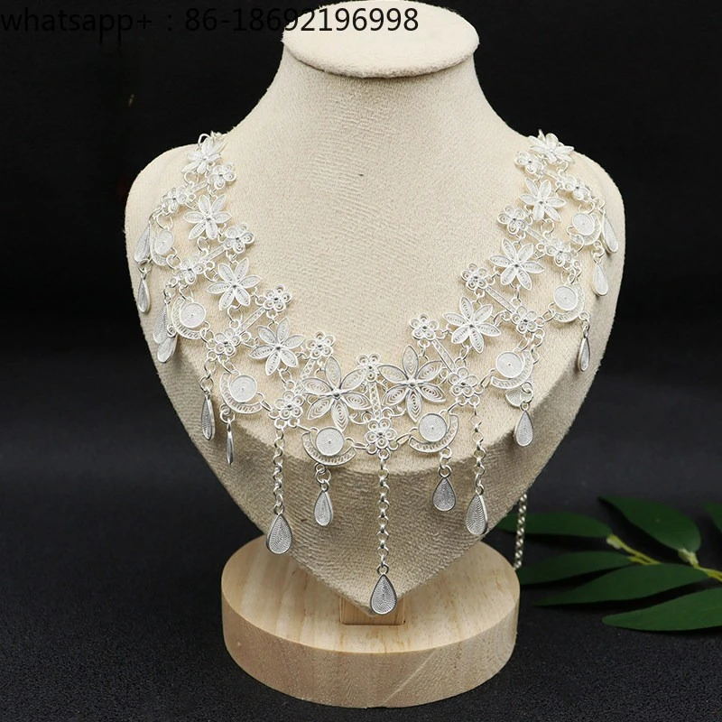 999 Sterling Silver Flowering Like Brocade Yingluo Necklace Niche Foot Silver New Chinese Antique Design Jewelry