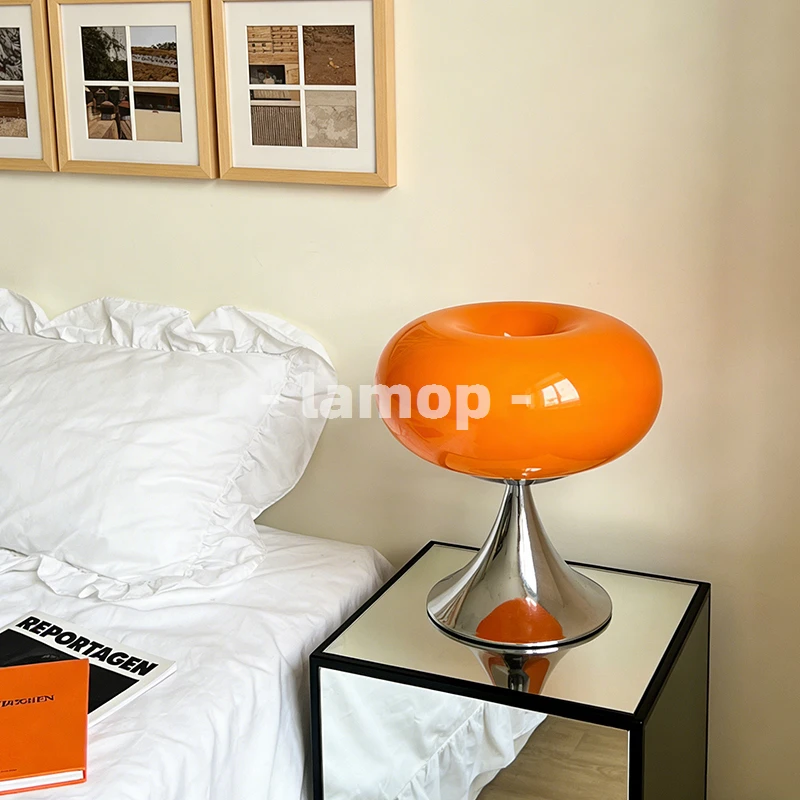 Murano Glass Gloss Orange Donut Ring Flared Base Table Lamp Cream Korean 3 Tone Soft Light Mirror Nightstand Bedroom Decor Lamp view 2