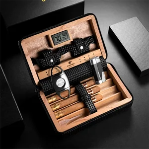Silicone Leather & Spanish Cedar Cigar Humidor Built-In Hygrometer / Humidifier Portable Zipper Men's Gift Cigar Box