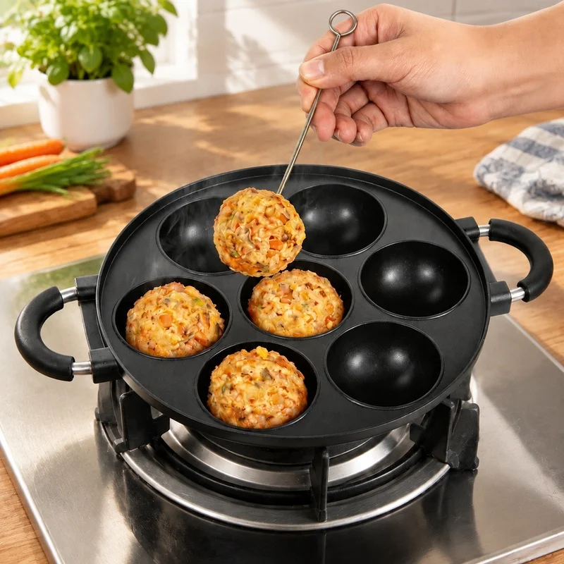 7-Hole Aluminum Nonstick Mold for Homemade Takoyaki and Pancake Snacks